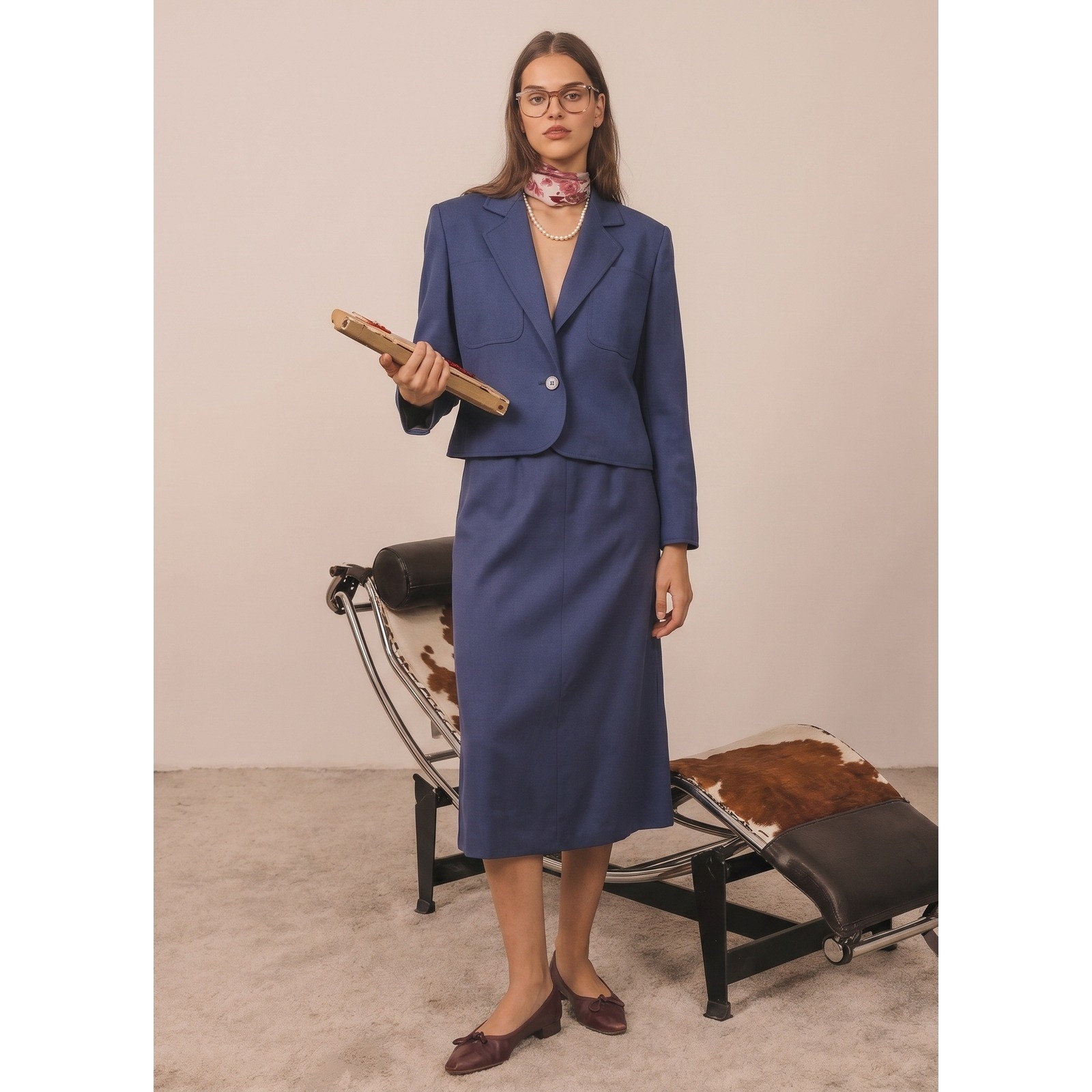 Vintage Yves Saint Laurent Variation Navy Blue Wool Skirt Suit Set FR 42 – US 10