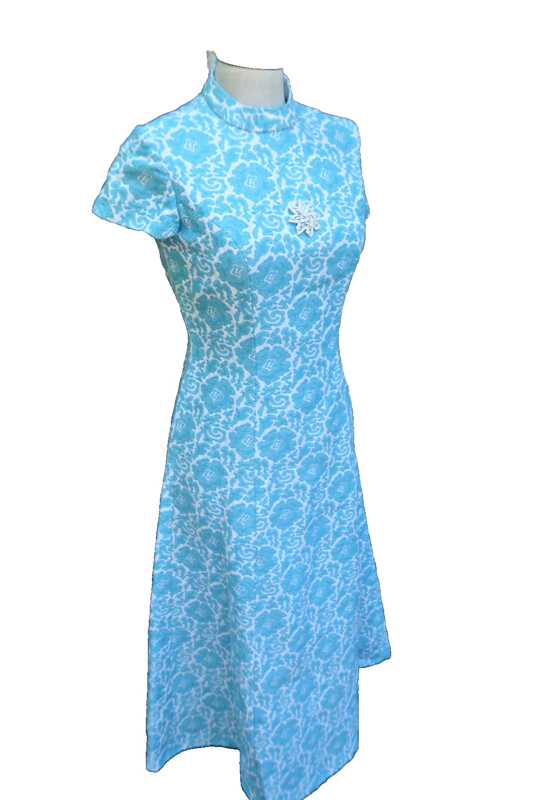 Vintage 1960s 1970s Heavy Matelasse Mock Neck Maxi Dress Blue White Hostess Gown