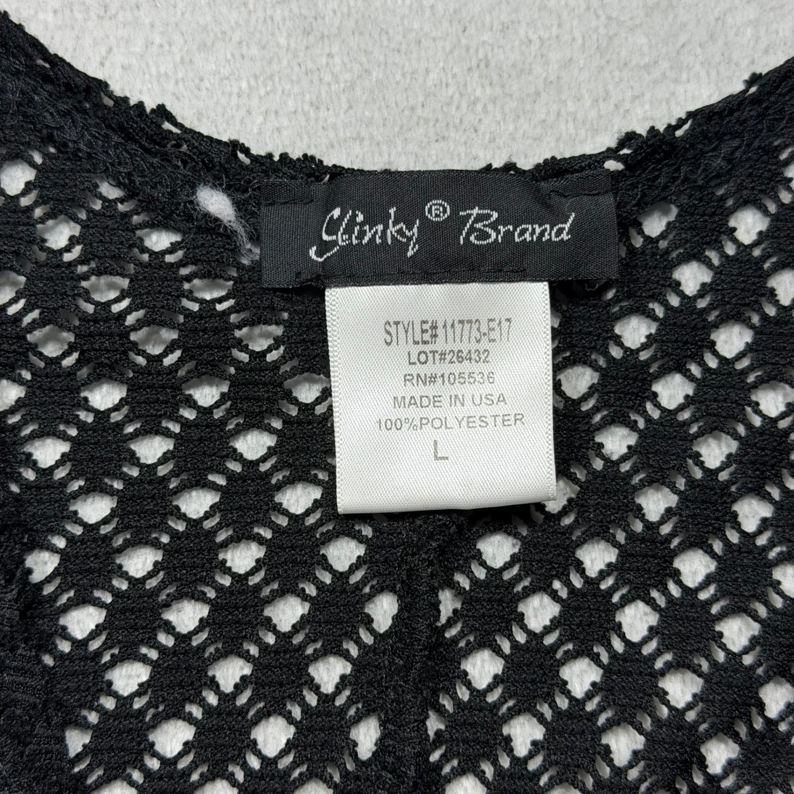 Vintage Slinky Brand Black Crochet Mesh Vest Sharkbite Hem Large 90s Boho Layer