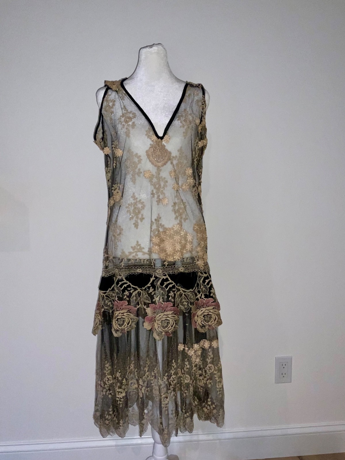 Rare 1920s French Lace Dress. Black Net & Pink Floral Embroidery. Restored S