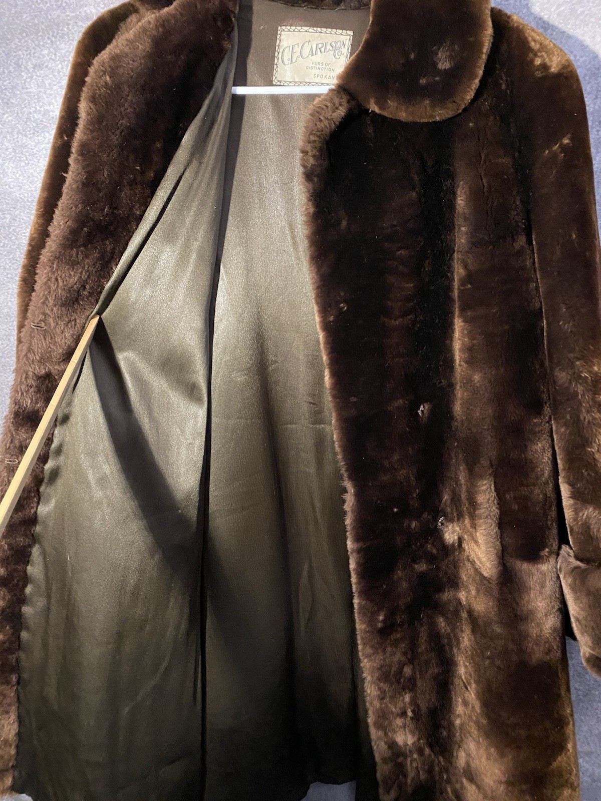 Vintage C.E. Carlson Co Spokane Dark Brown Fur Coat Mid-Century Plush