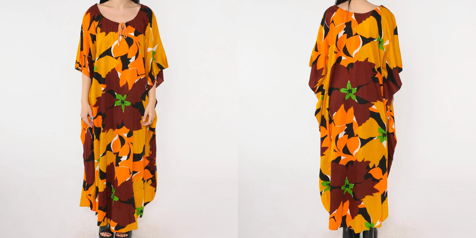 Vintage Hawaiian Caftan Dress 70s Boho Floral Maxi Hippie Bohemian 1970s Long Te