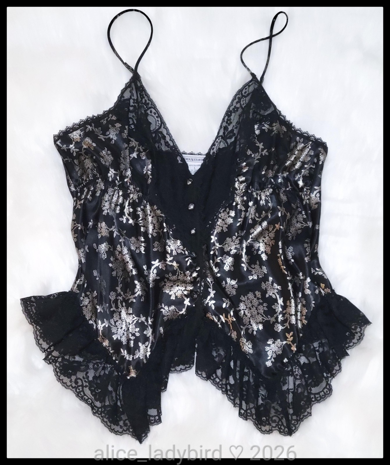 Gold FLORAL Vintage LAUREN ALEXANDRA Babydoll TOP Metallic Foil Vest ~L 38-40