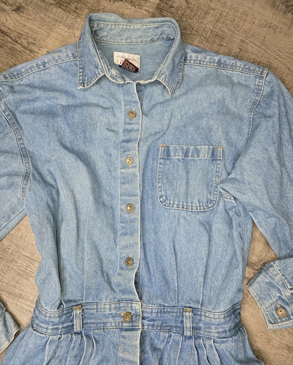 Vintage Susan Bristol Denim Midi Button Front Cinched Waist Long Sleeve Dress S