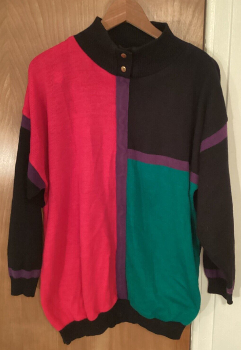VTG Colorblock Sweater Women’s Medium Purple Pink Colorful Midweight Geo Pattern