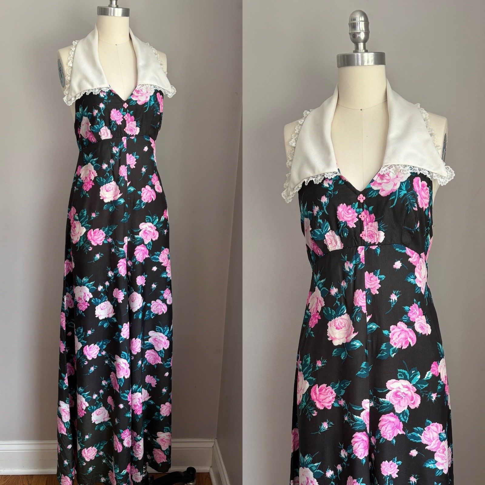 Vintage 70s Backless Halter Style Roses Palazzo Pants Bellbottoms Jumpsuit XS/S