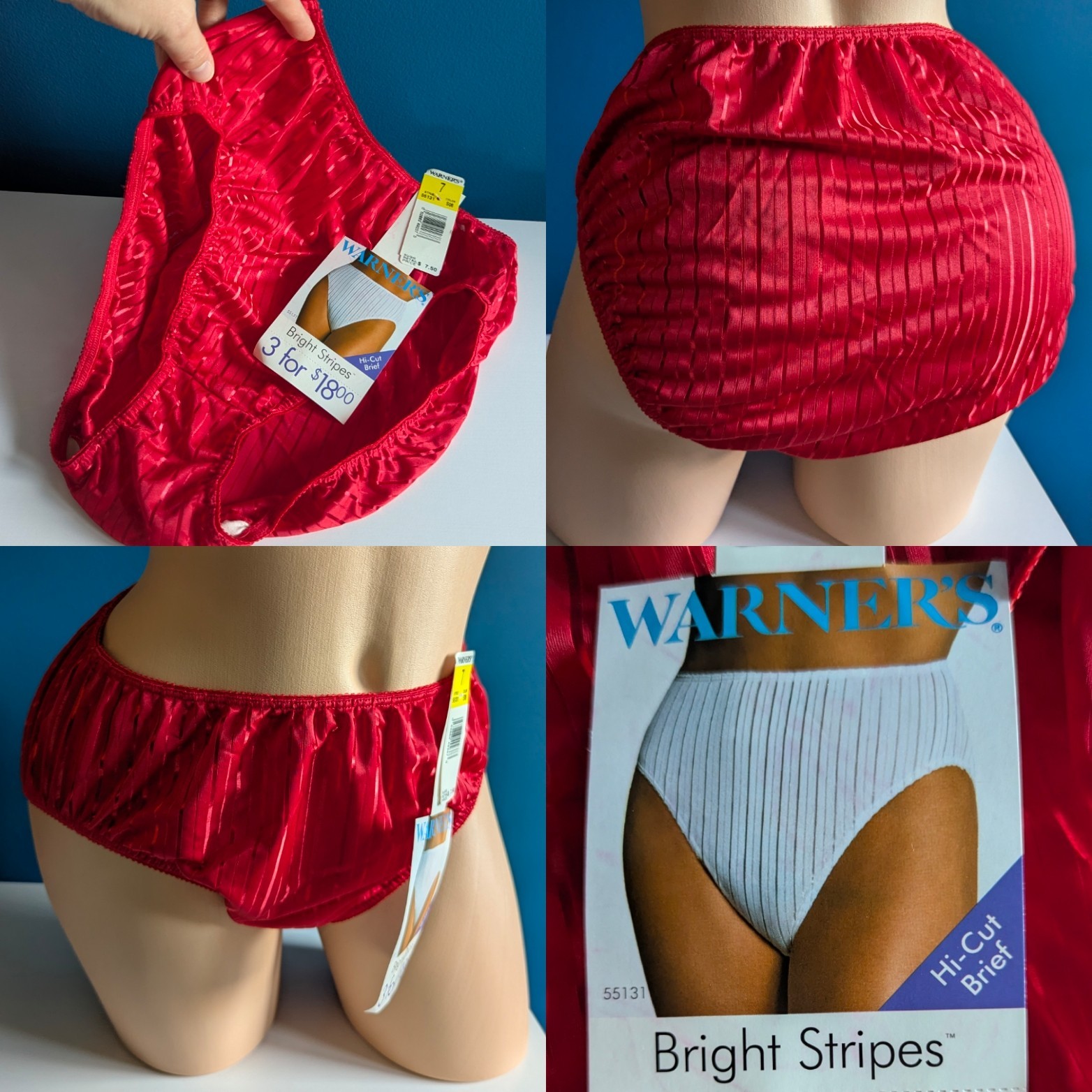 Vintage Warner’s Bright Stripes RED HOT High Cut Bikini Panties NWT Size L 55131