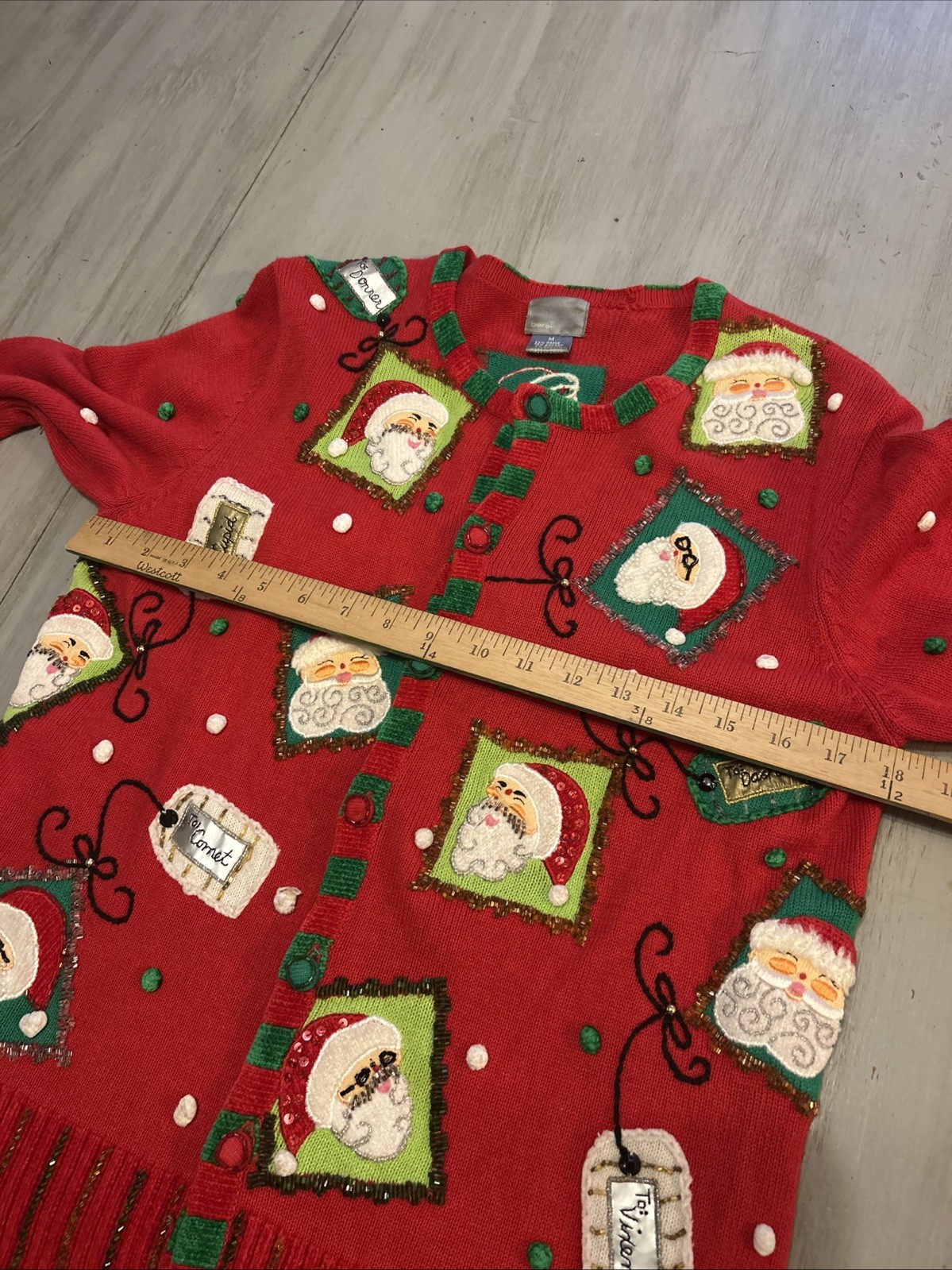 Berek Red Green Christmas Santa Reindeer Gift Tags Beaded Pom Poms Cardigan Sz M