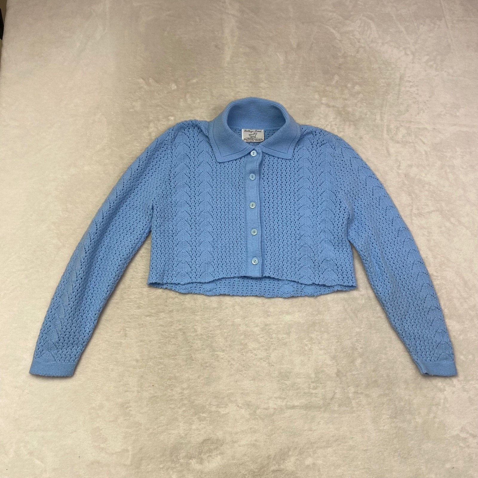 College Point Cropped Knit Cardigan Blue Long Sleeve Vintage 100% Orlon Acrylic