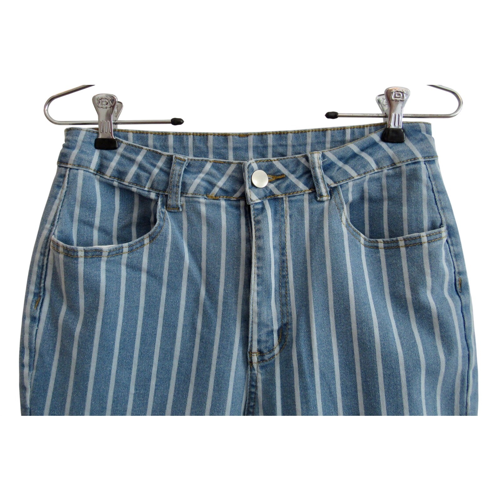 High Rise Flare Jean Blue White Stripe Bell Bottom Raw Hem Retro Boho Festival M