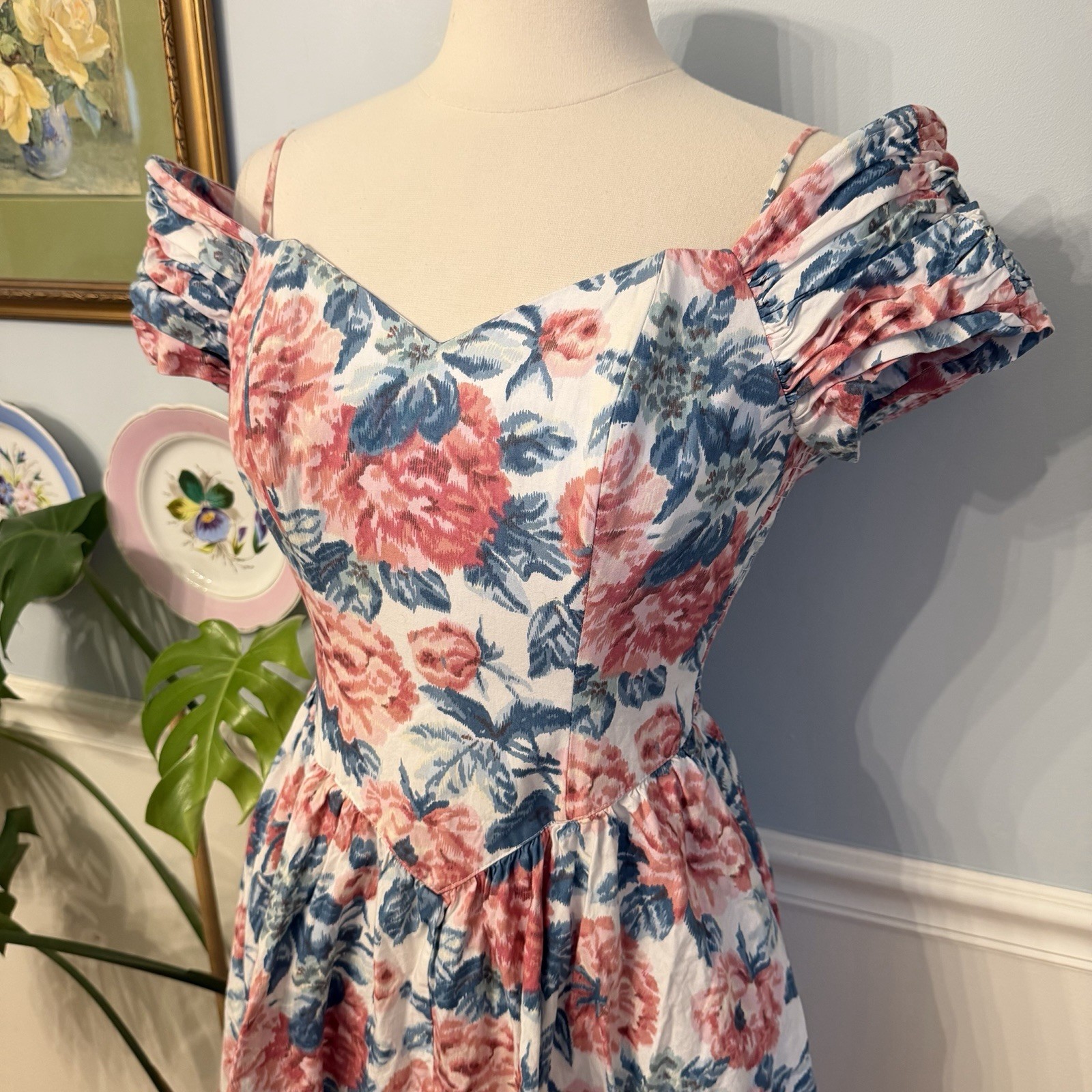 Vintage Off The Shoulder Floral Dress Size 6 Cottage Romantic Feminine 80s Tea