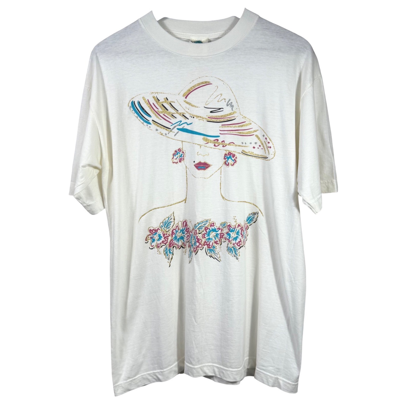Vtg Tour Champ Single Stitch Graphic T-Shirt Women’s Glitter Hat Art Tee L 90s