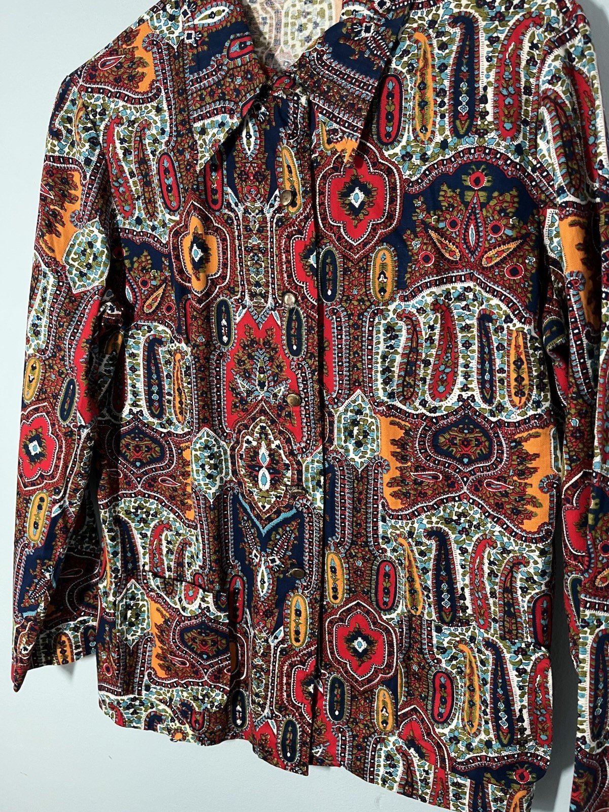Vintage 1970’s Dagger Collar Cotton Moroccan Exotic Paisley Print Shirt M