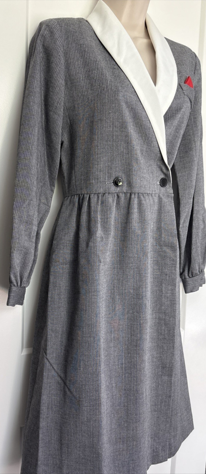 Vintage Grey Pinstripe Dress I Magnin Sz Classic White Collar Red Pocket Scarf