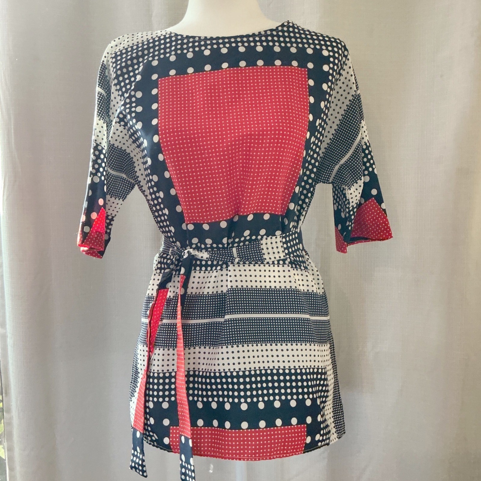 Loubella Tunic Top Wms 10/11 Red Navy Polka Dot Geometric Mod Vintage 70s Retro