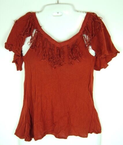 Vtg Top 70s Eletra Peasant Gauze Fringe Hippy Boho Festival S peekaboo sleeve