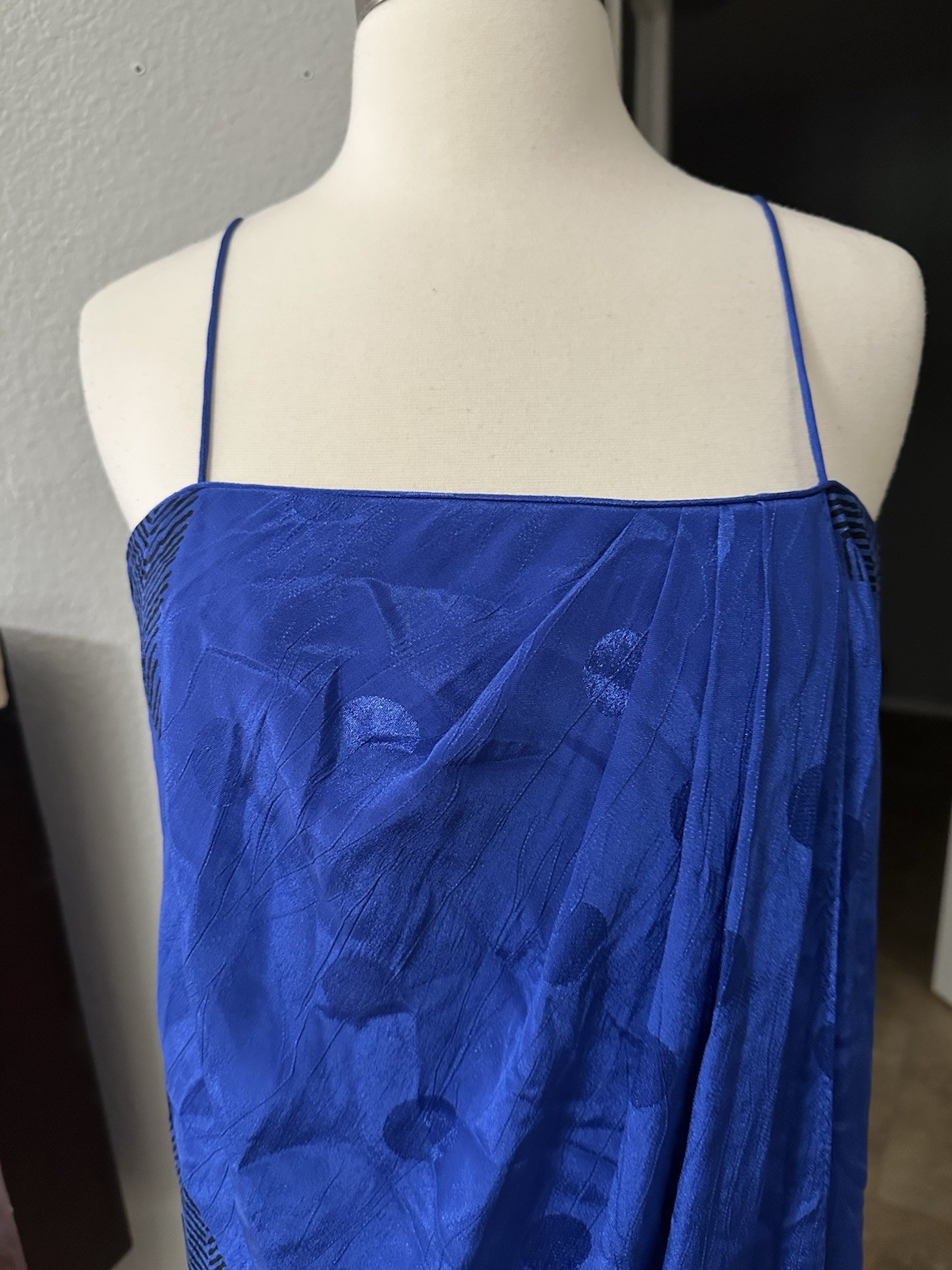 Blue Vintage 80’s Satin Print Rayon Slip Dress Faux Wrap Medium Evening Studio54