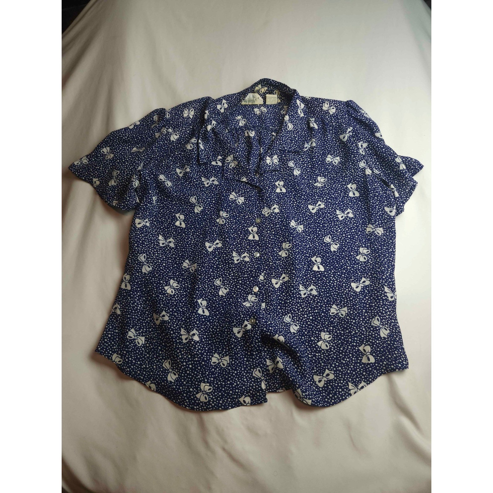 Vtg Lady Shapely Navy Blue Polka Dot Button Up Blouse Plus Womens 38/18W
