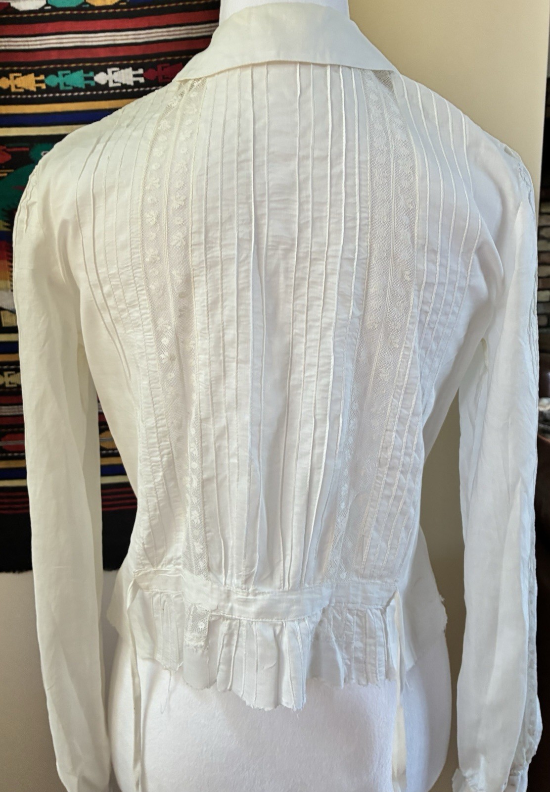 Vintage Handmade 40s White Pintuck Lace Button Up Blouse Top Size M