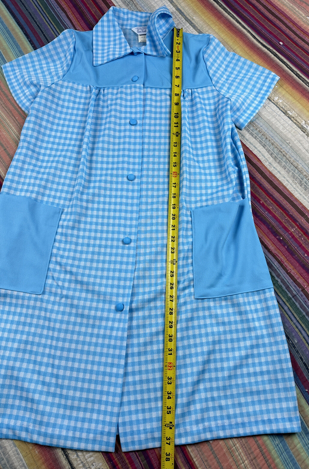 Vtg 1970’s Sears Fashions Blue Gingham Checkered Button Down House Coat Sz M