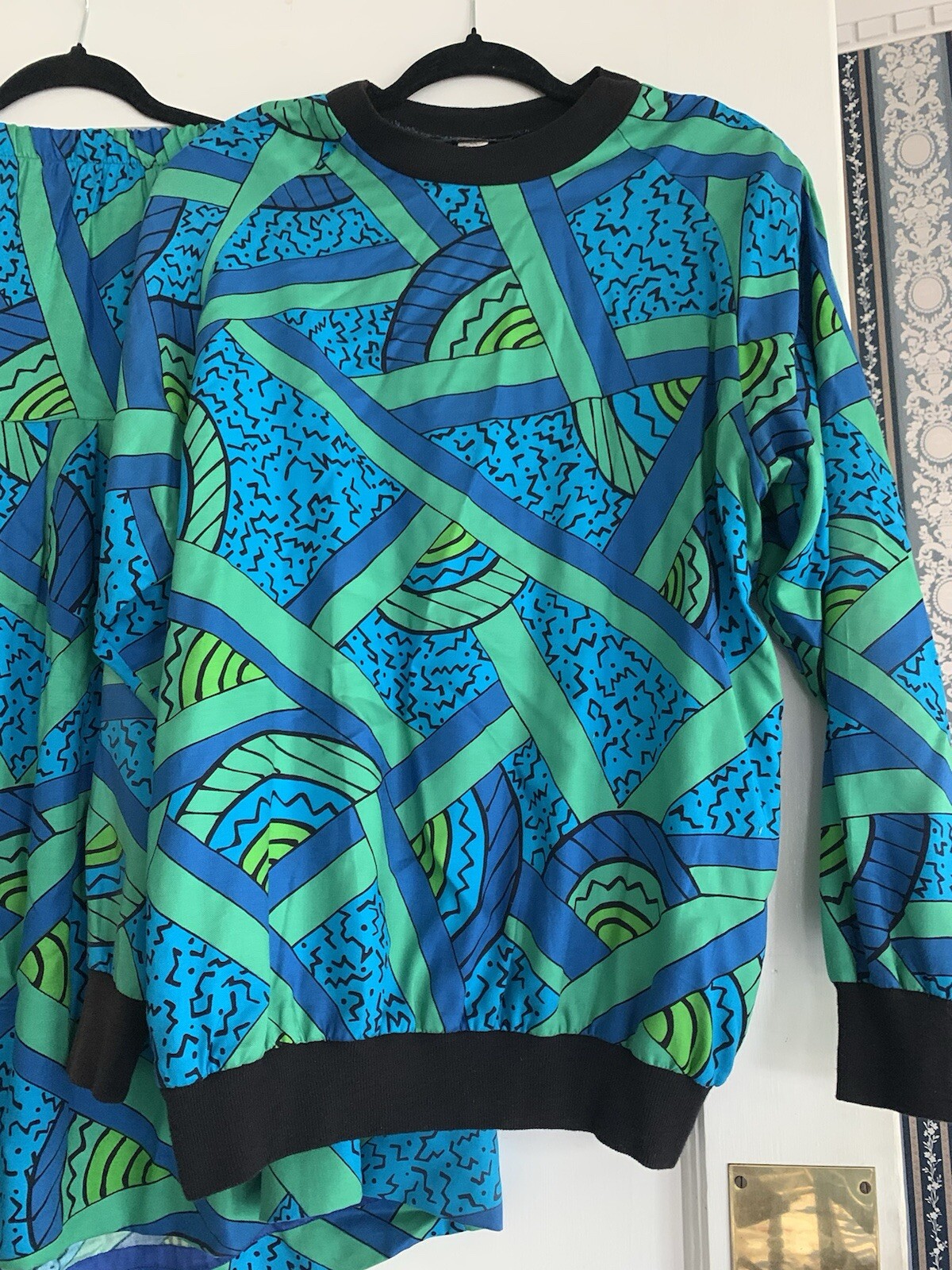 Vtg 80s Private Club Top Skirt Set Multicolor Lg Green Blue Rayon Retro