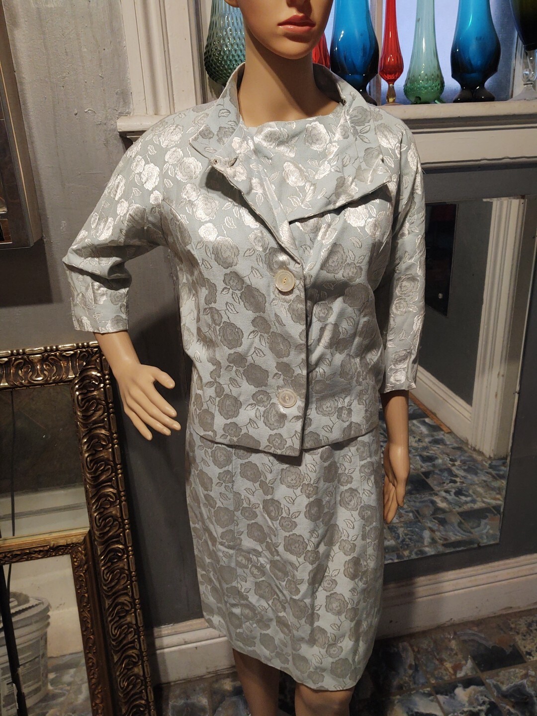 Vintage 1950’s Handmade Baby Blue & Silver Brocade Dress With Jacket 8 or 10