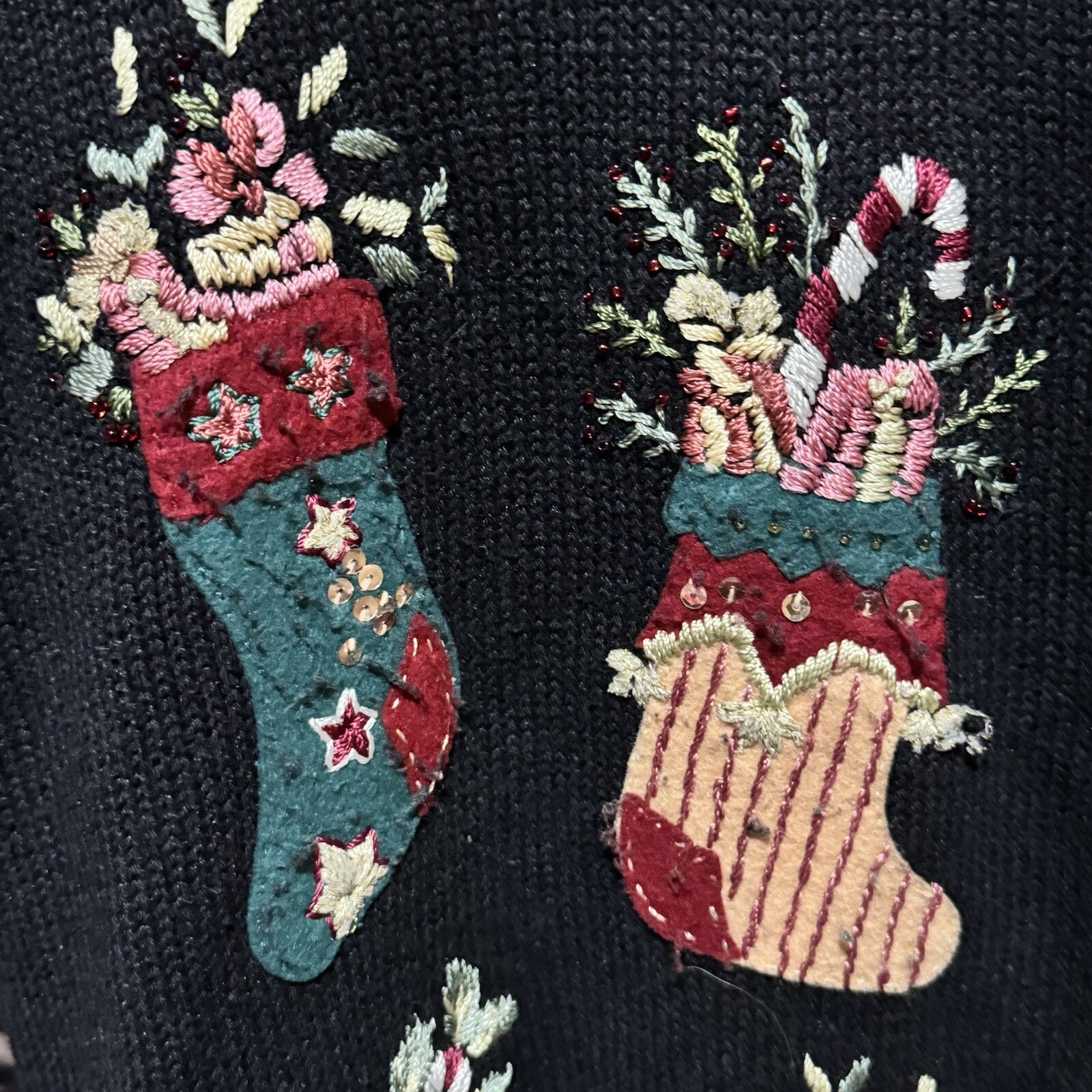 Stitches In Time Cardigan Sweater Stockings Holiday Christmas Black Size 1X Vtg