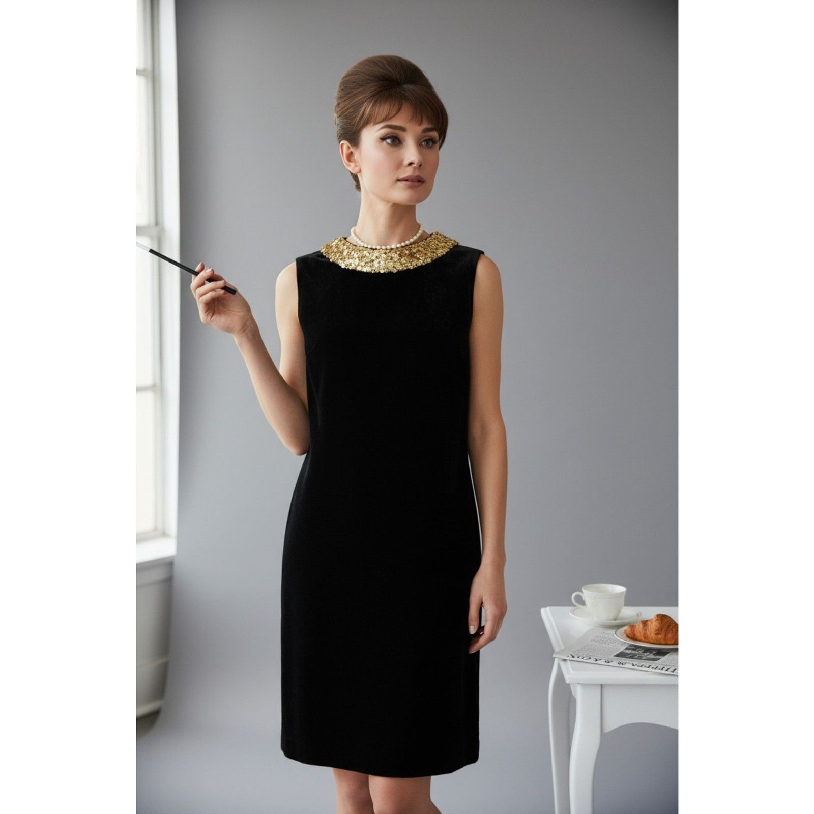 1950’s Black Velvet Shift Cocktail Dress Silk Collar Glass Beading