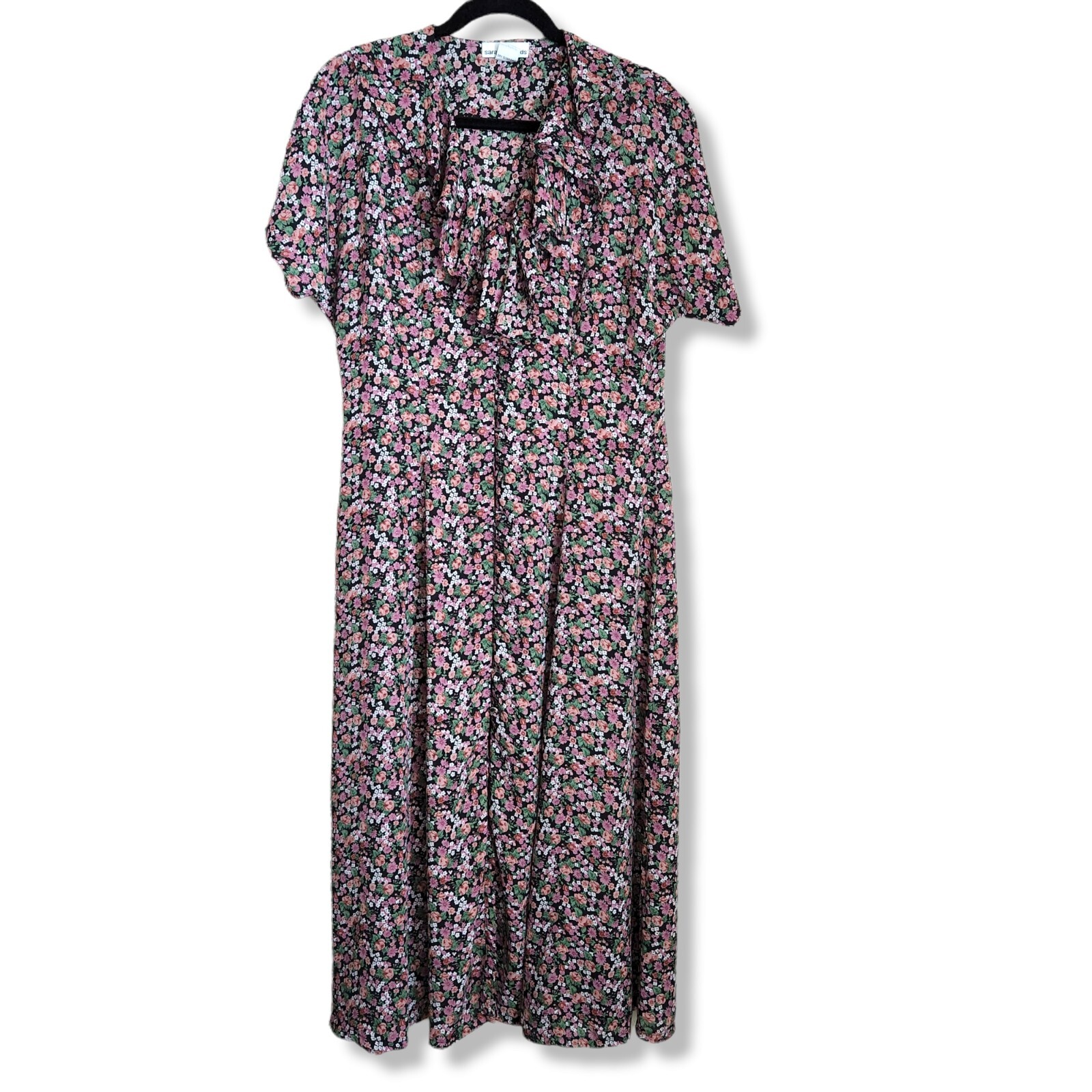 Vintage 90s Pink Floral sz 12 Ruffle Collar Romantic Tea Dress Midi cottagecore