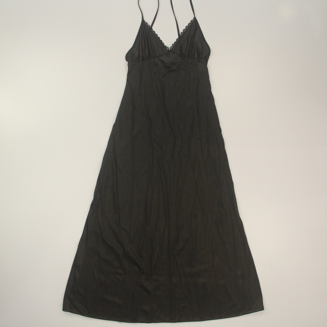 VTG Unbranded Union Made USA Women Long Black Nylon Slip Dress Medium Lace Trim