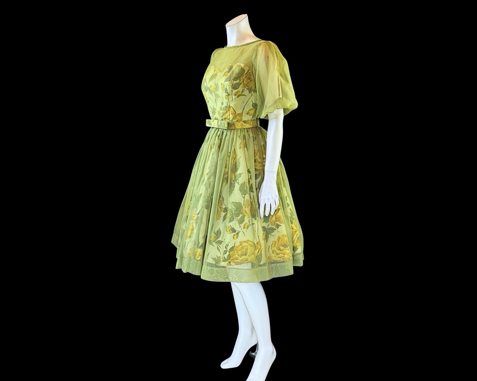 1950s Joyce Palmer Romantic Rose Floral Illusion Dress S
