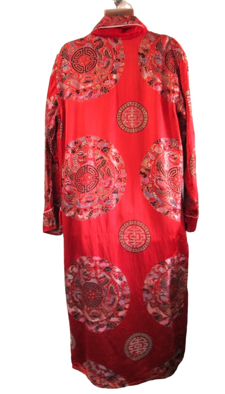 Vintage Red Kimono Robe Intricate Dragon Phoenix Coin Embroidery No Tie Damage