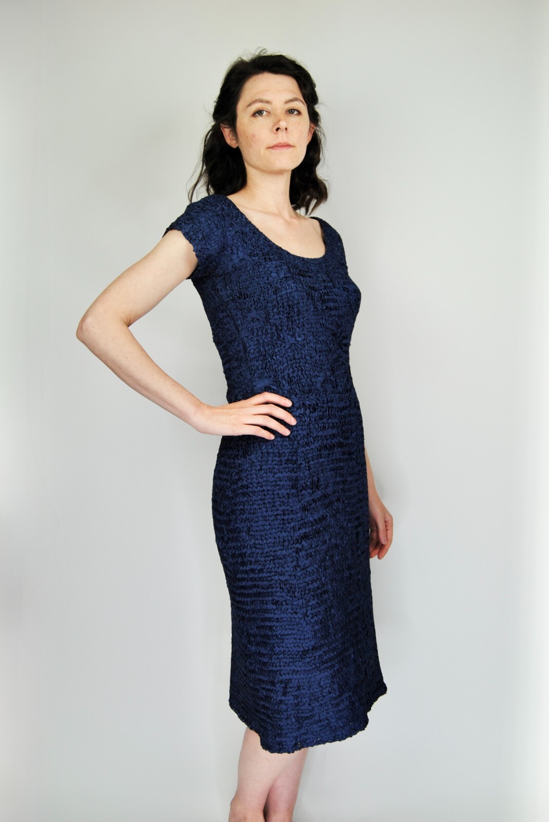 1940s Vintage Bea Magnus Navy Blue Ribbon Knit Dress and Sweater Set – S/M