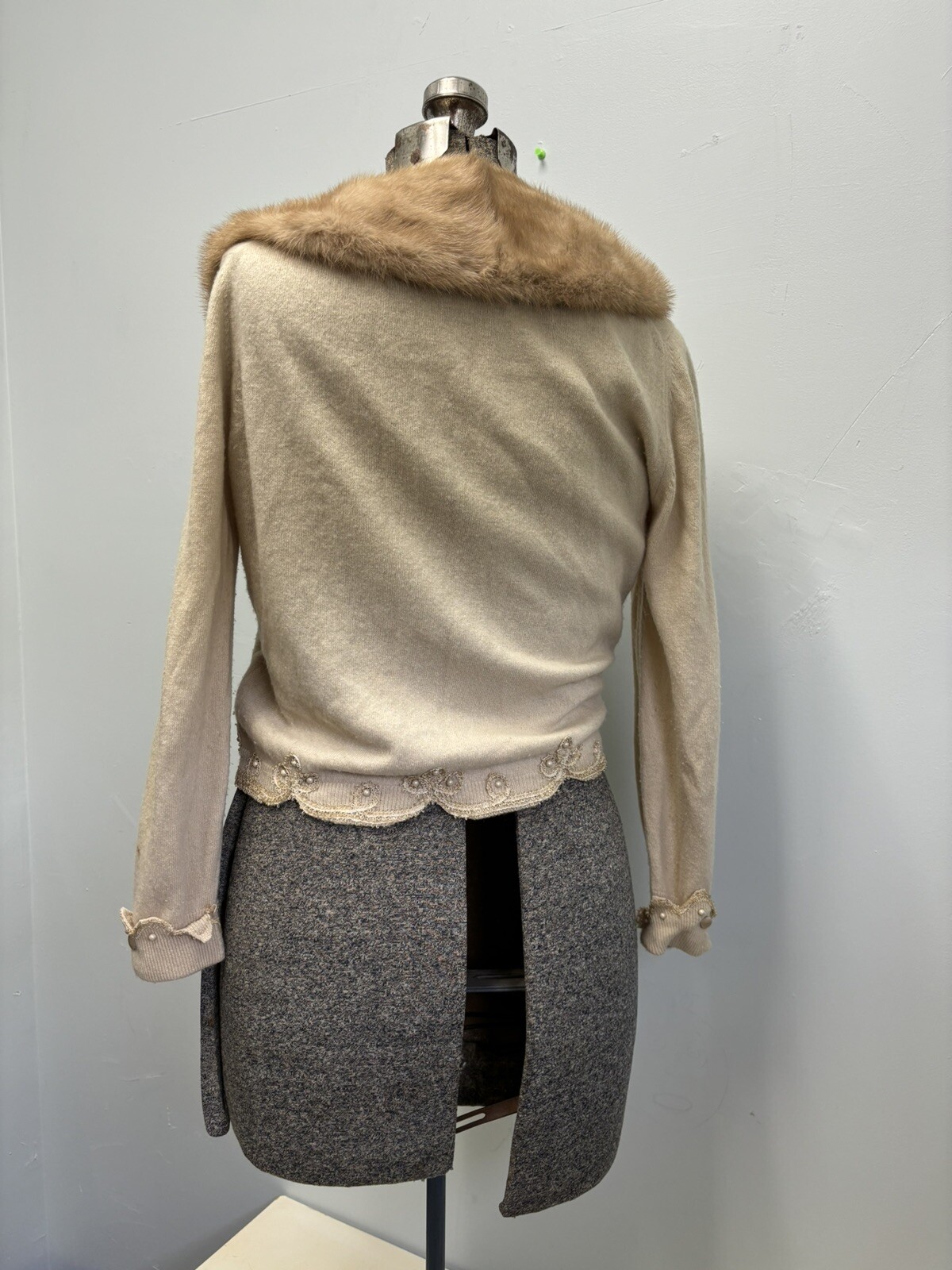 Vintage Cashmere Mink Trim Cream Sweater, S/M By ALTMANN OF VIENNA
