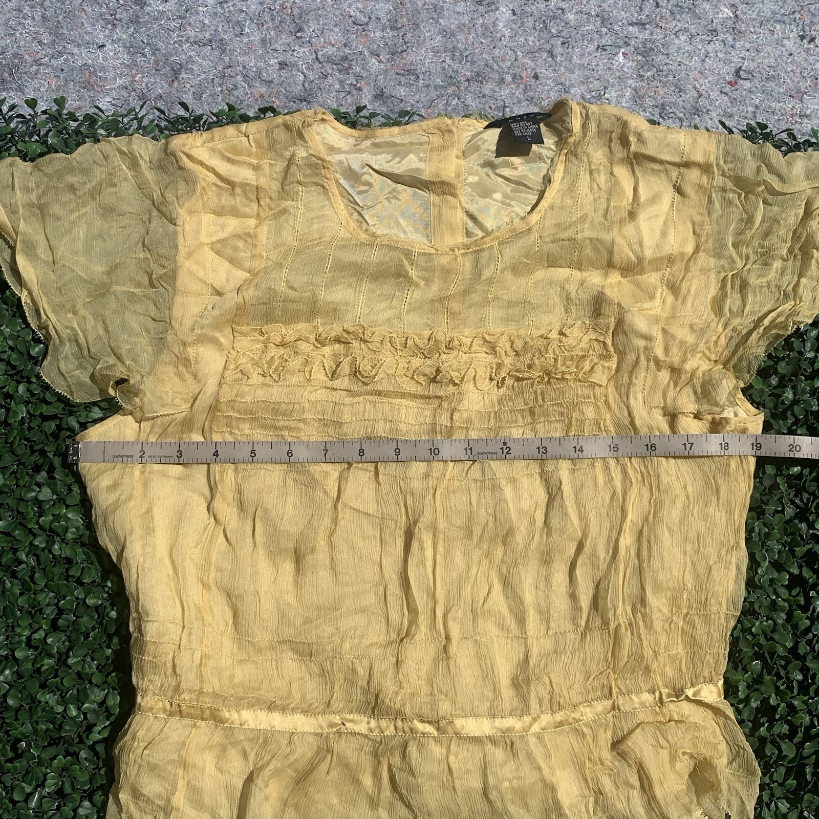 As Is vintage 90s Y2K designer yellow gold silk chiffon crop blouse top
