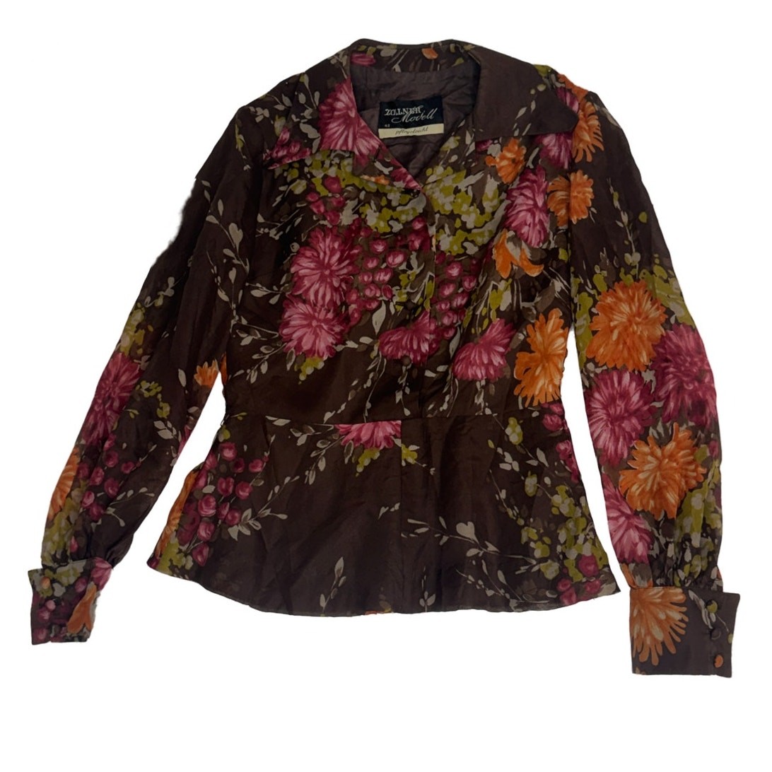 Vintage 1970s Zollner Modell German Floral Blouse Sheer Bishop Sleeve Peplum