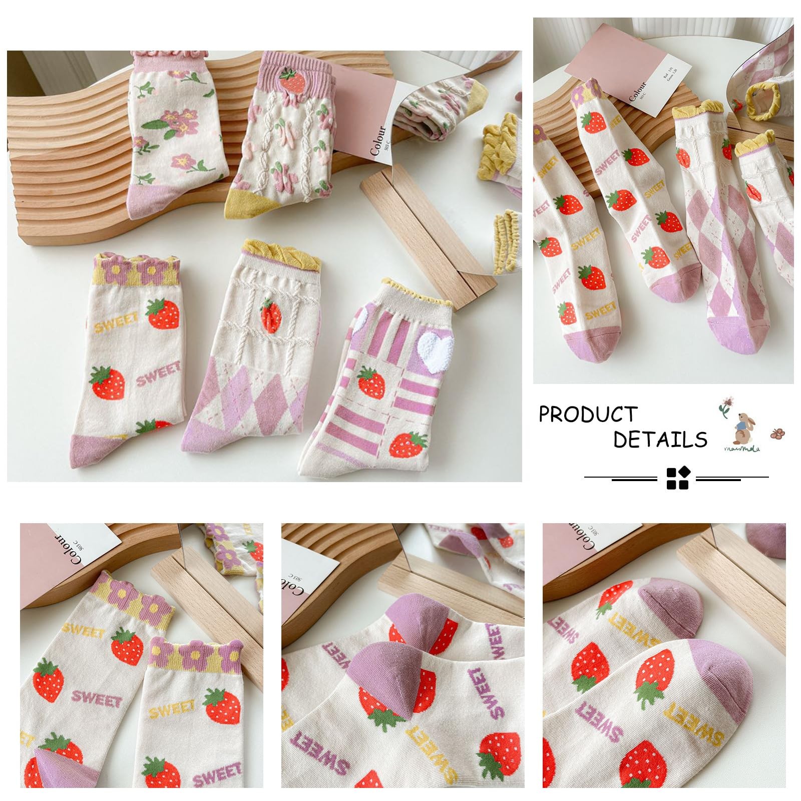 DXYAKY 5 Pairs Vintage Floral Crew Socks for Women, Soft Medium, Pink