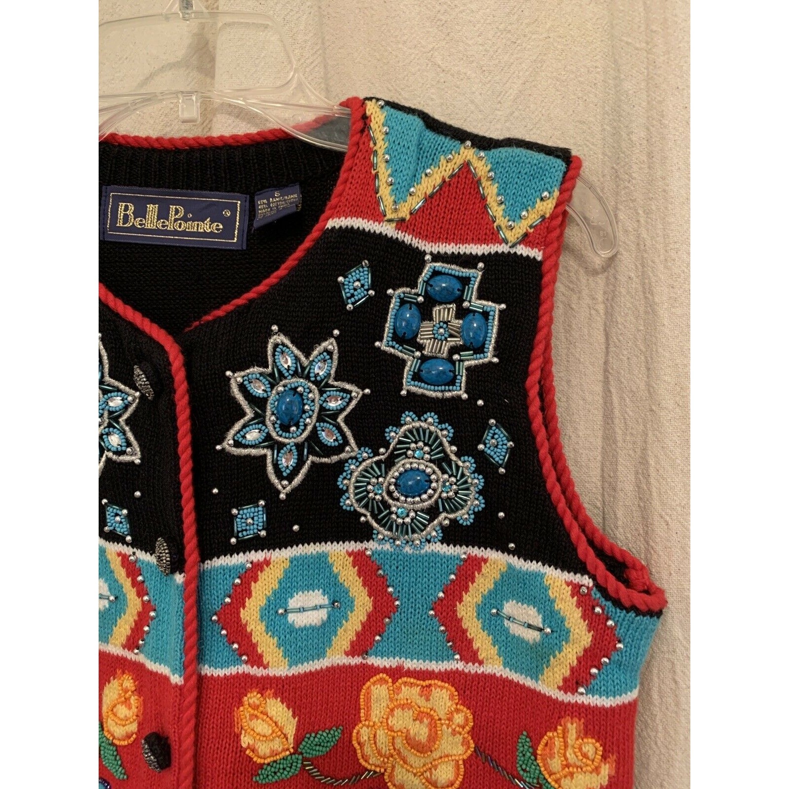 1990s BellePointe Western Navajo Turquoise Floral Rodeo Festival Sweater Vest S