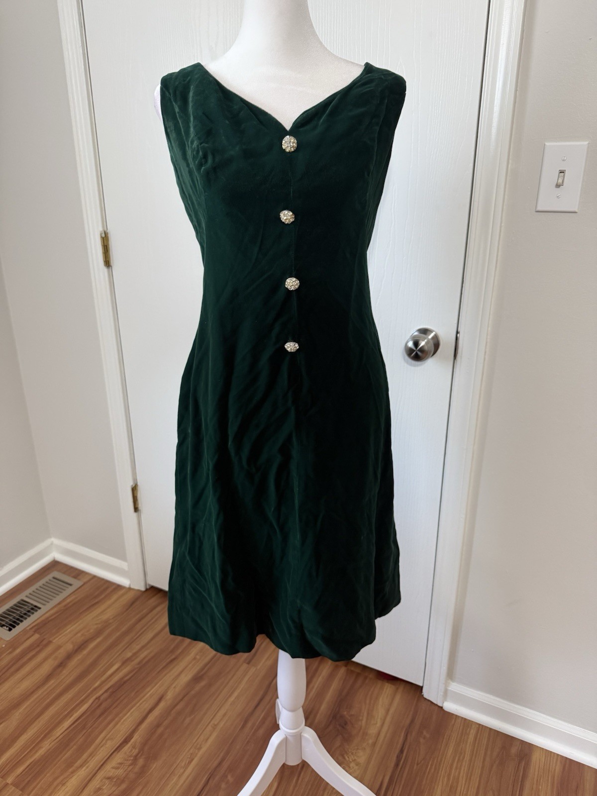 Vintage 60s Sleeveless Velvet Forest Green Formal Dress Jane Andre Medium