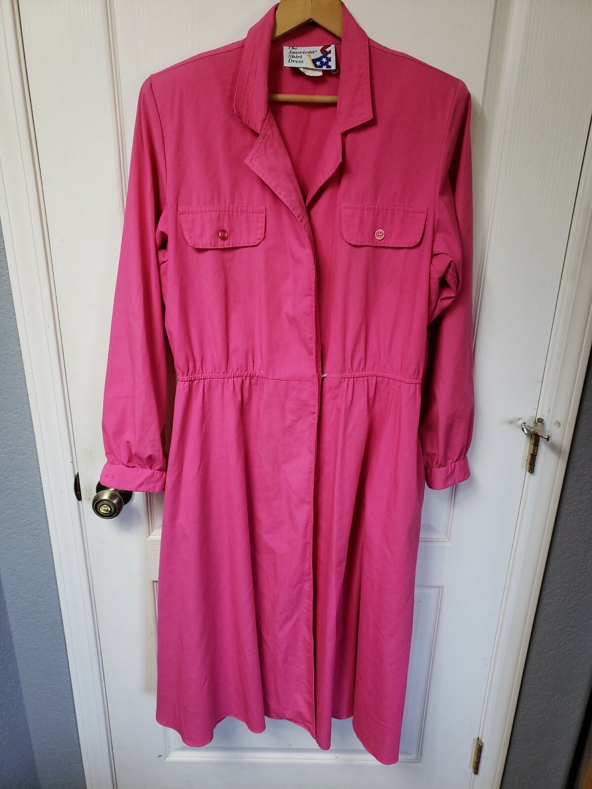 Vintage 80s The American Shirt Dress Sz 12 Pink LS Long Dress