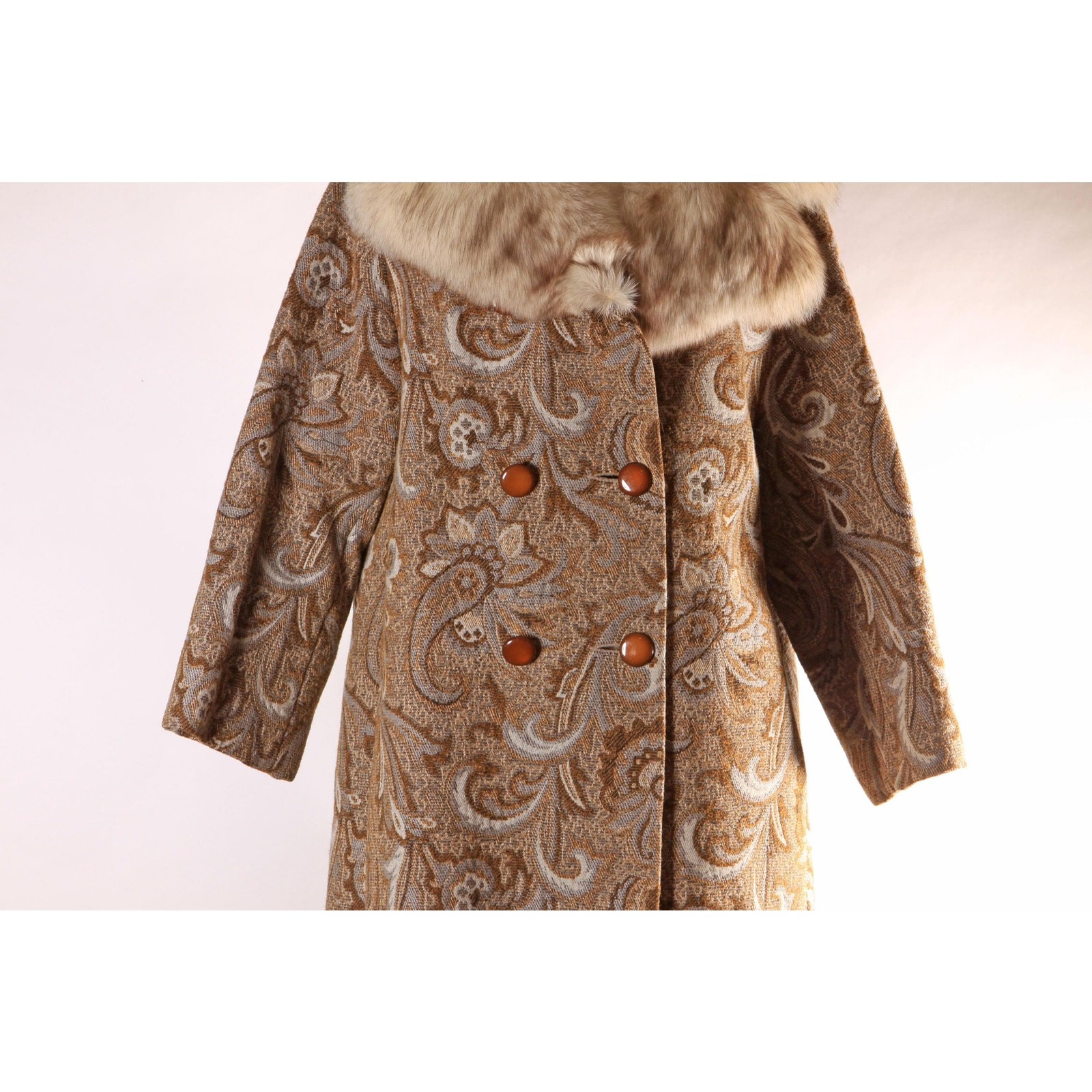 1960s Brown and Blue Gray Swirl Paisley Tapestry Fox Fur Collar Carpet Coat