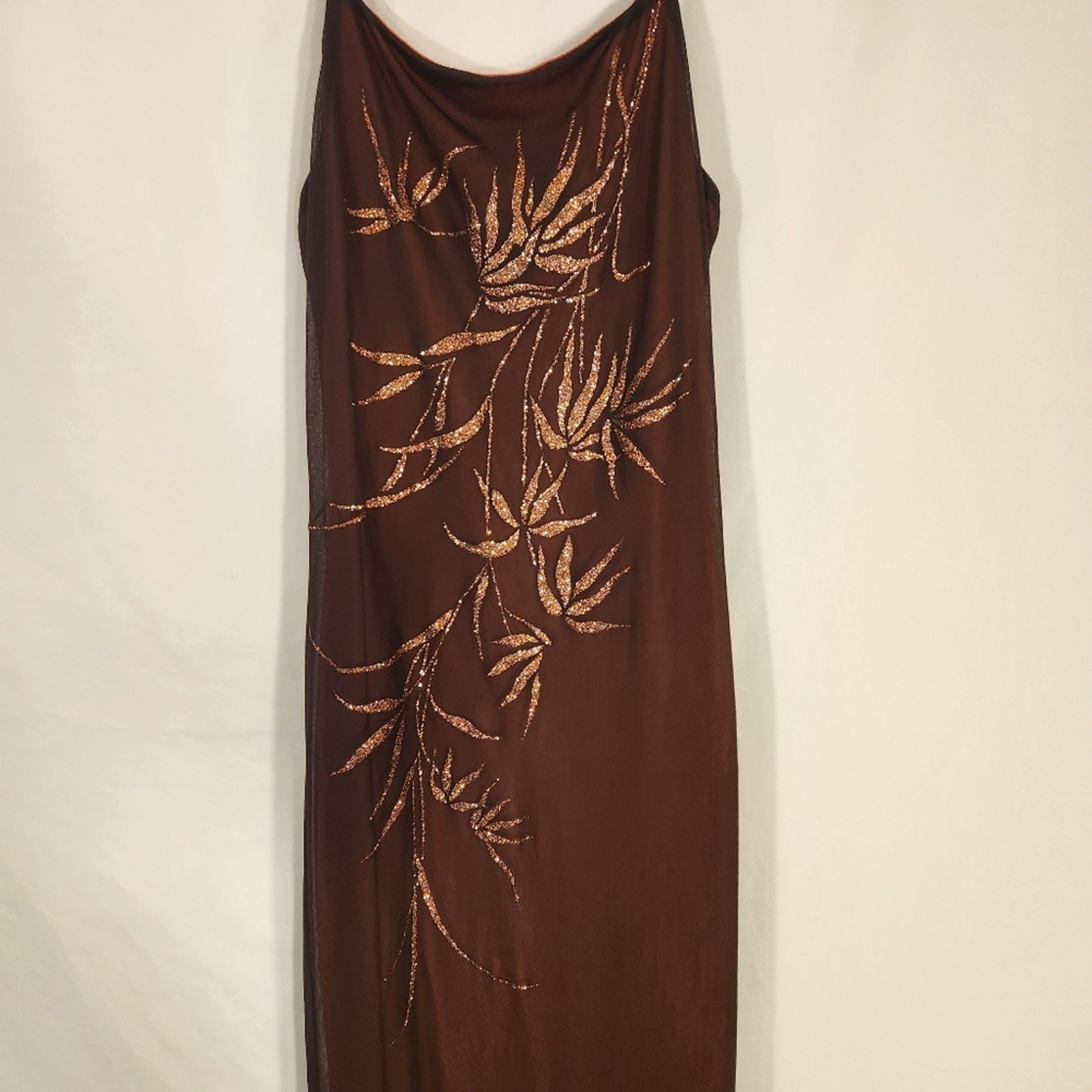 CHARLOTTE RUSSE Vtg Brown Orange Maxi Sheer Overlay Metallic Glitter Medium M