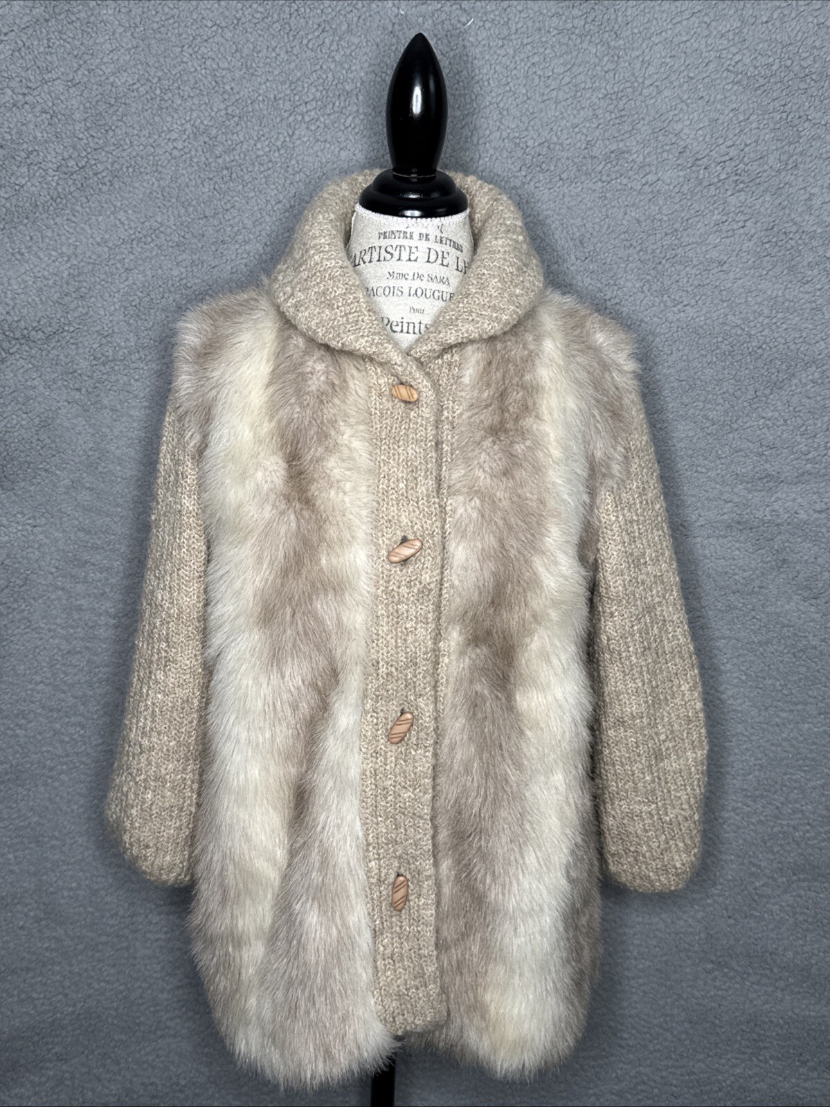 D’Esprit Jacket Womens L VTG Faux Fur Knitted Pockets Toggle Buttons Beige/Cream
