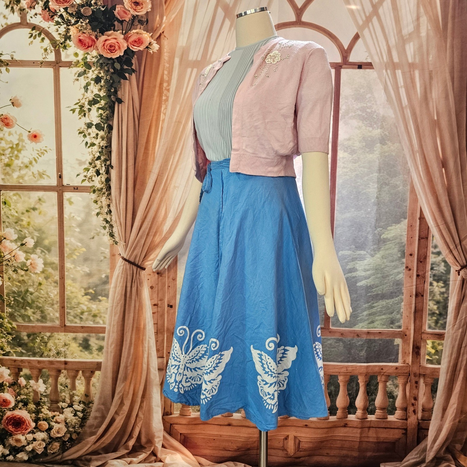 Vintage 1970s Butterfly Print Wrap Skirt Midi Boho Blue White Hippie