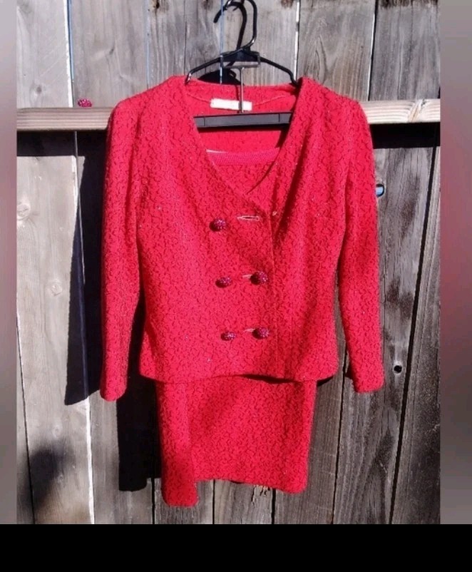 I. Magnin vintage wool knit Skirt Suit Set Size 8/med red lurex metallic crystal