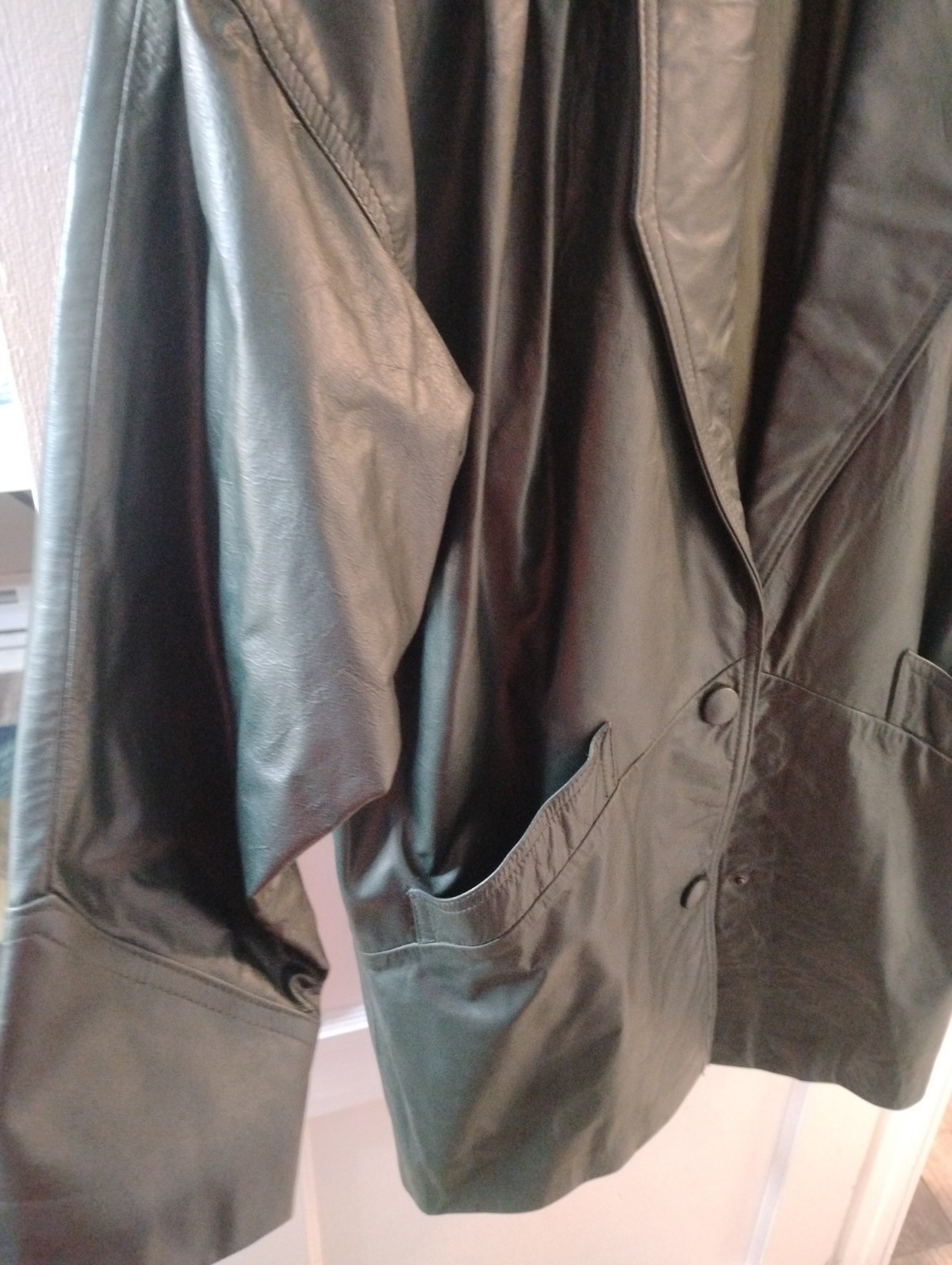 Vintage 80s Harbor Dark Green Leather Jacket Oversized Shawl Collar Coat Medium