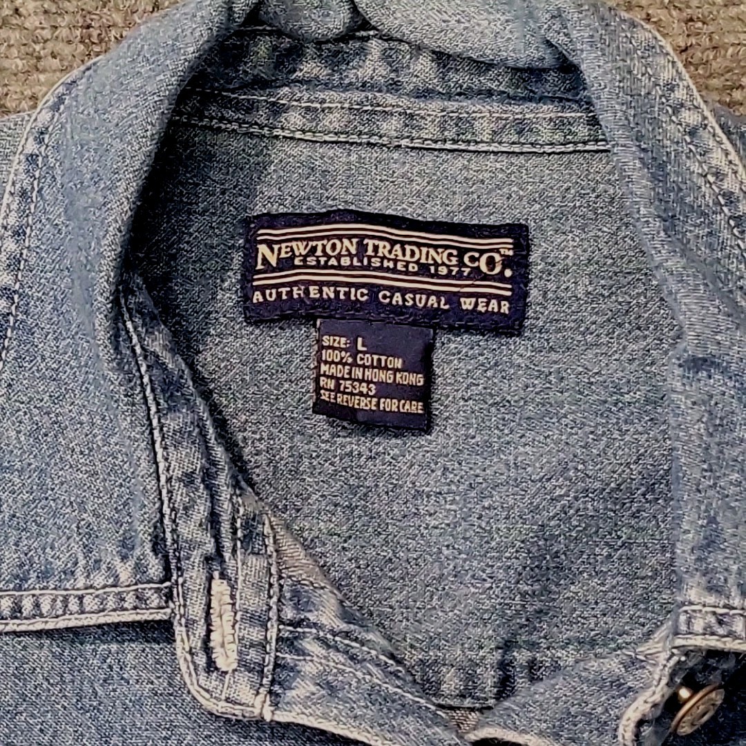 Vintage Denim Shirt L Hong Kong Button Up 100% Cotton Newton Trading Co