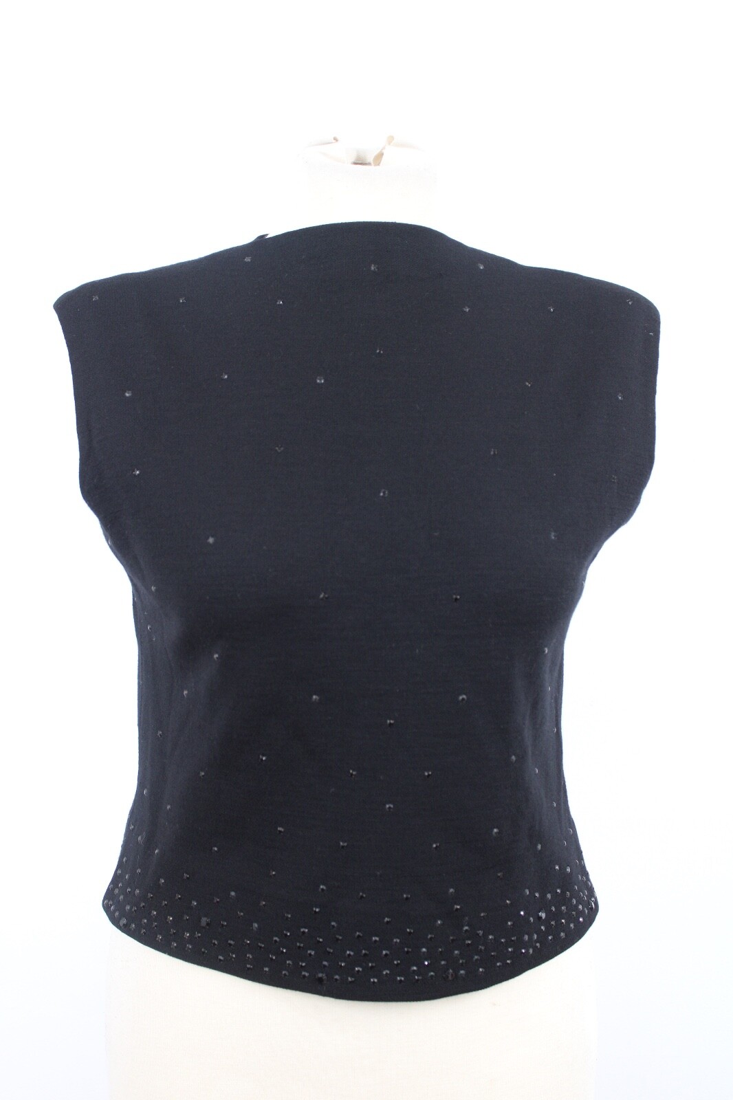 Vtg Unbranded Black 9 Wool Zip-Back Stud Rhinestone Tank Top Shirt NYNCO Metal
