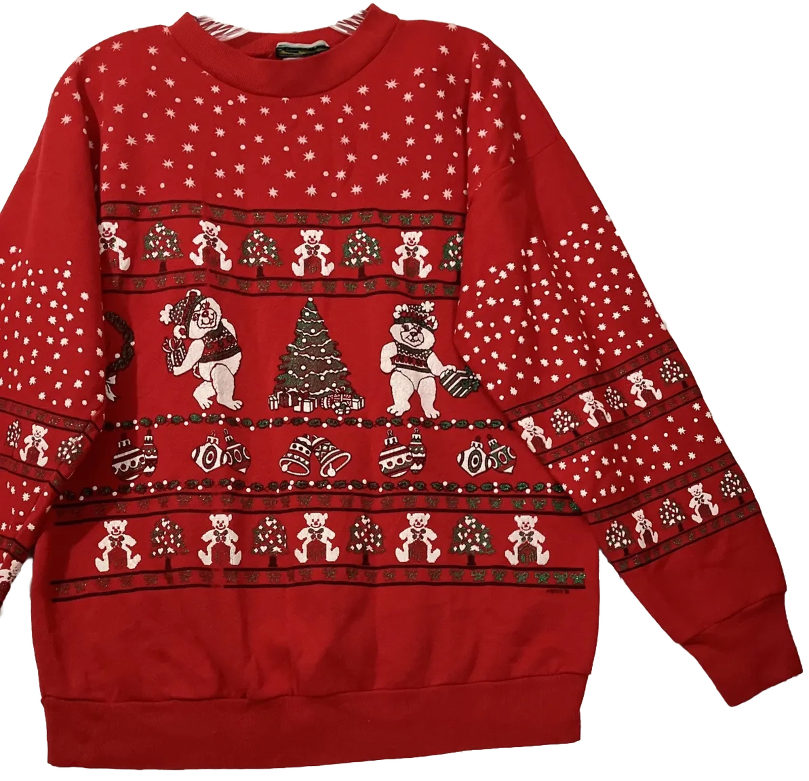 Vintage Sky Lite 80s Red Teddy Bear Christmas Crewneck Sweater Glitter Size M