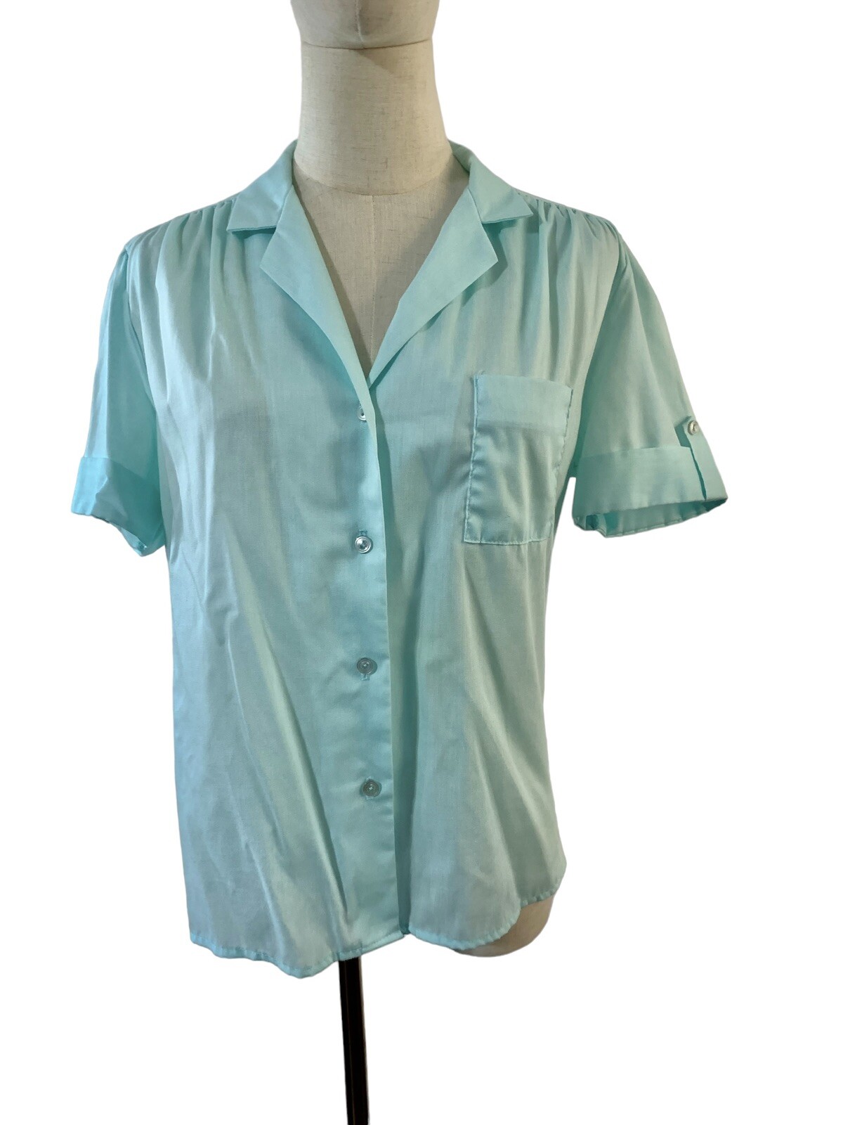 Vintage top 70s 80s Blouse Shirt Button Up Rhapsody Aqua Blue Top